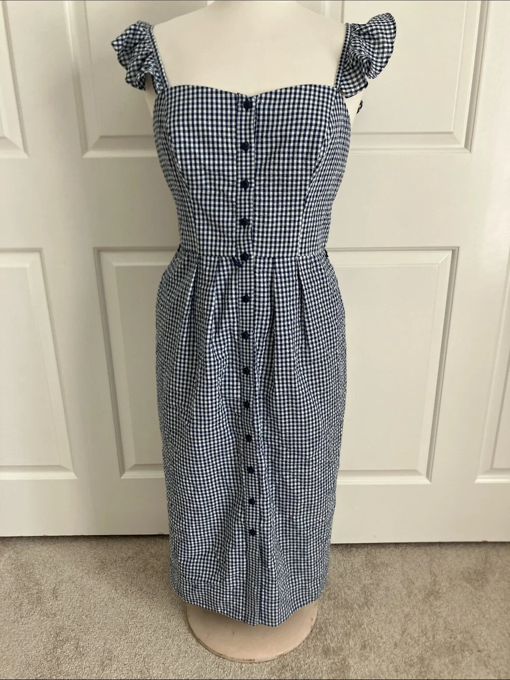 Gal Meets Glam Navy and White Gingham Button-Front Midi Dress